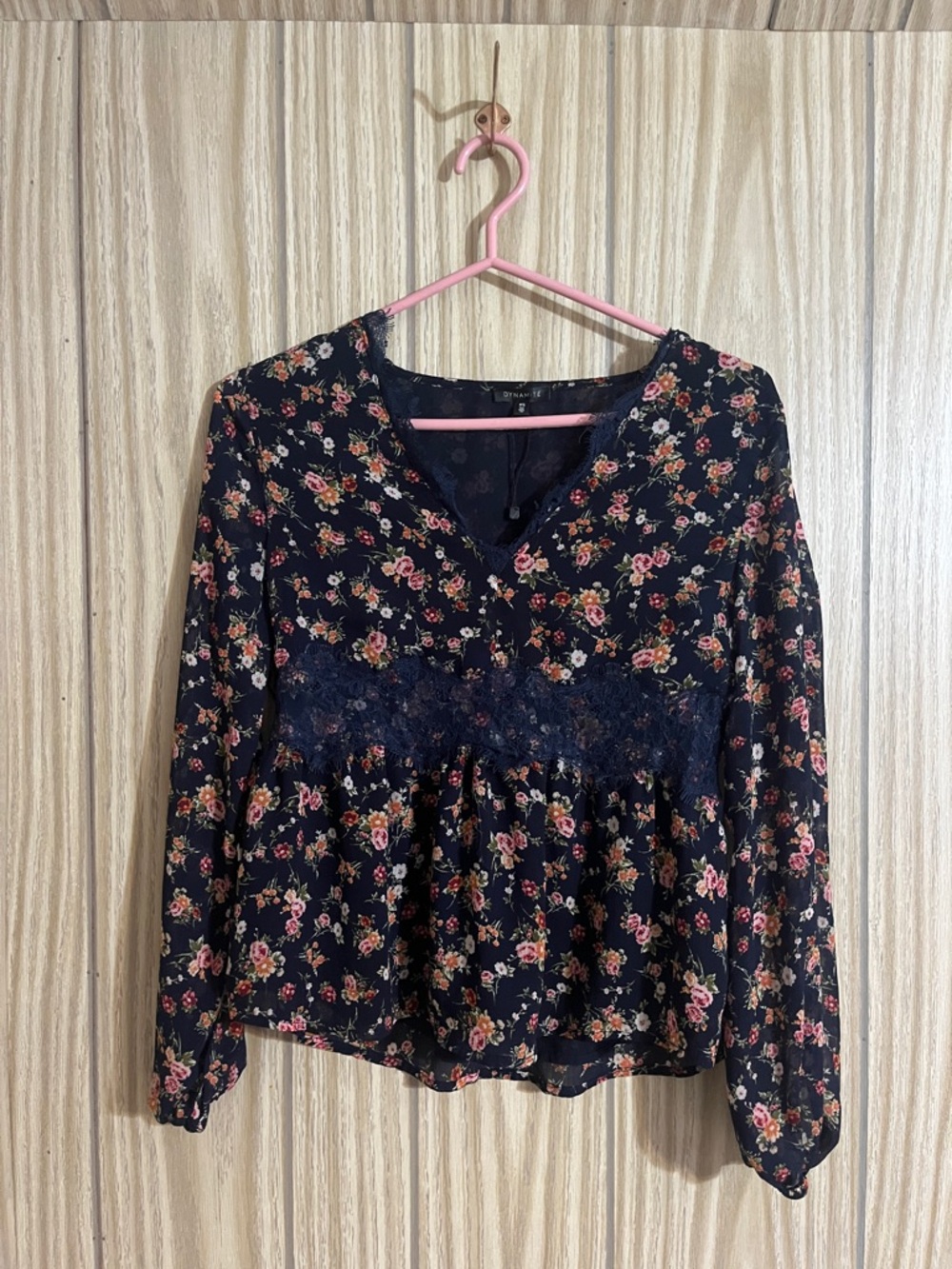 Dynamite Navy Floral V-Neck Lace-Trim Blouse